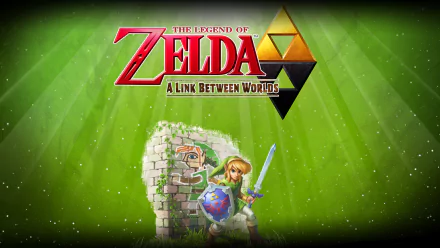 HD wallpaper featuring The Legend of Zelda: A Link Between Worlds logo with Link and a wall merge illustration on a green background.