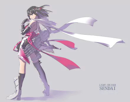 HD PC desktop wallpaper of Sendai from Kantai Collection (Kancolle): anime light cruiser in a pink-and-white naval outfit with flowing ribbons, posed against a pale minimalist background.