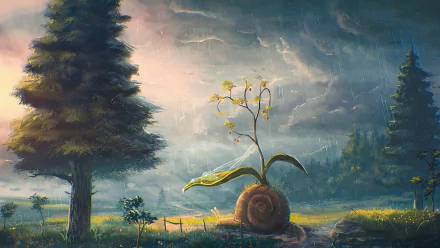 A fantastical scene featuring a snail enveloped in lush greenery, with a delicate flower blooming atop, set against a backdrop of a moody sky and towering pine trees. An enchanting HD wallpaper.