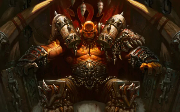 A powerful orc sits on a throne, exuding dominance and strength, in this HD desktop wallpaper from the game Hearthstone: Heroes of Warcraft.