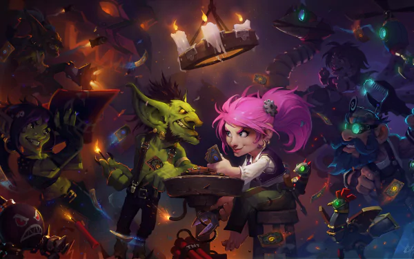 A vibrant 8K Ultra HD wallpaper featuring characters from Hearthstone: Heroes of Warcraft, showcasing a gnome and goblin engaged in a lively interaction amid a backdrop of whimsical designs.
