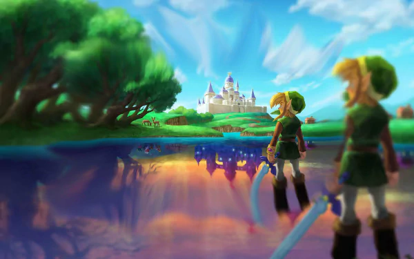 HD desktop wallpaper of The Legend Of Zelda: A Link Between Worlds featuring two characters gazing towards a castle.