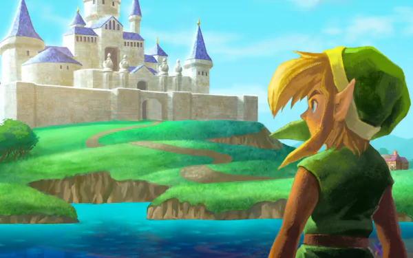 Link looks toward a castle in the distance in this HD desktop wallpaper from The Legend of Zelda: A Link Between Worlds.