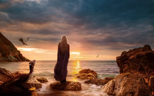 A captivating sunset over the seashore, featuring a figure cloaked in shadow beside a dragon, evoking the epic world of Game of Thrones. A stunning HD wallpaper.
