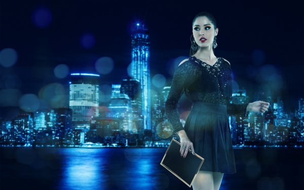 Women Andresa Alves Model Black Dress City Night HD Wallpaper | Background Image