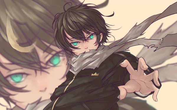 HD desktop wallpaper featuring Yato from the anime Noragami. The image showcases his intense gaze, teal eyes, and outstretched hand, set against a soft, blurred background.