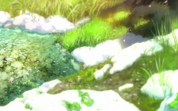 A serene anime-inspired nature scene featuring vibrant greenery, a clear stream, and soft sunlight, captured beautifully as an HD desktop wallpaper from Hyouka.