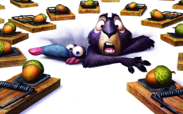 HD PC desktop wallpaper and background from the movie The Nut Job: panicked cartoon squirrel and blue sidekick surrounded by acorn-baited mousetraps.