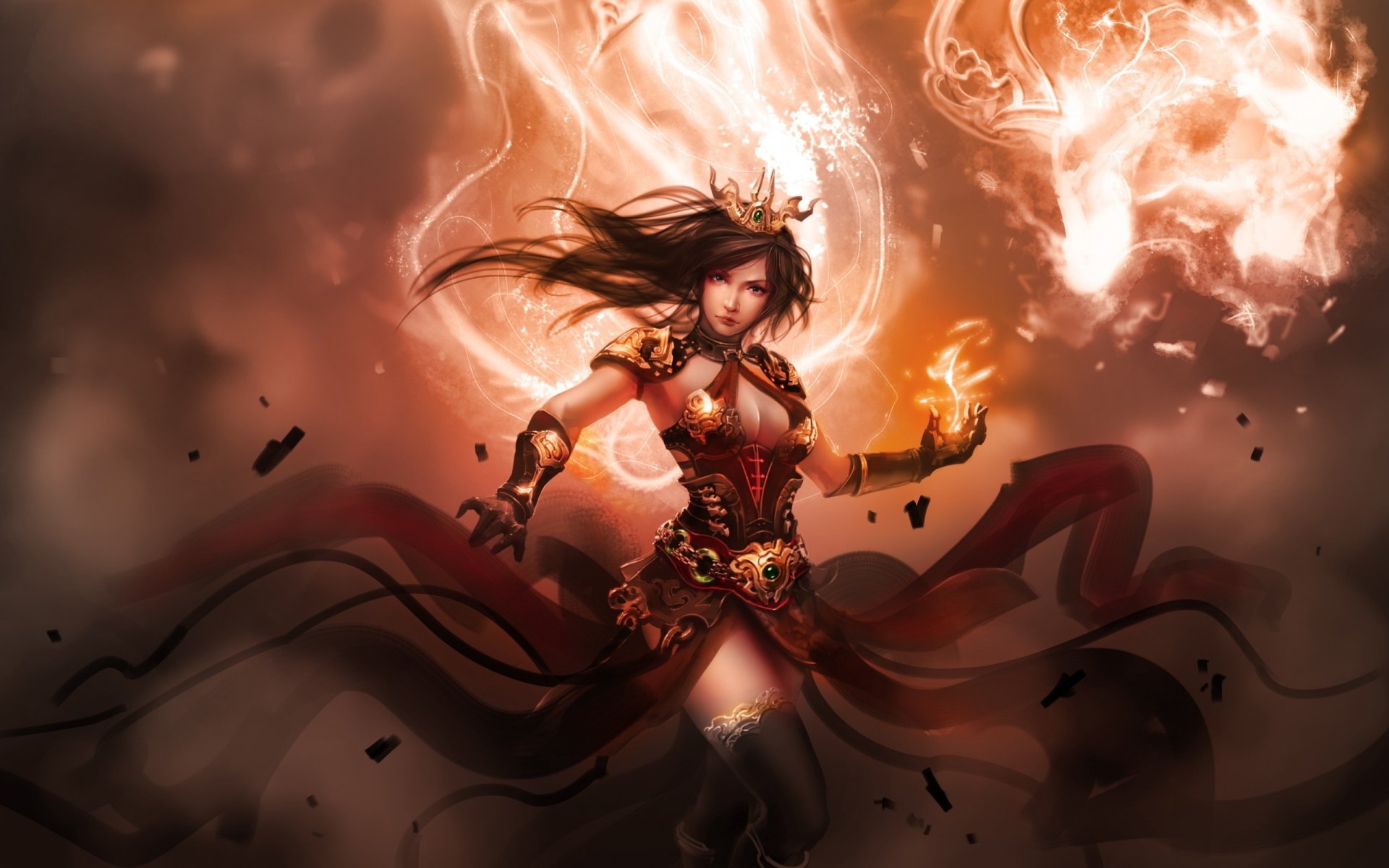 HD fantasy PC desktop wallpaper featuring a powerful woman wielding fiery magic, surrounded by swirling flames and intense energy.