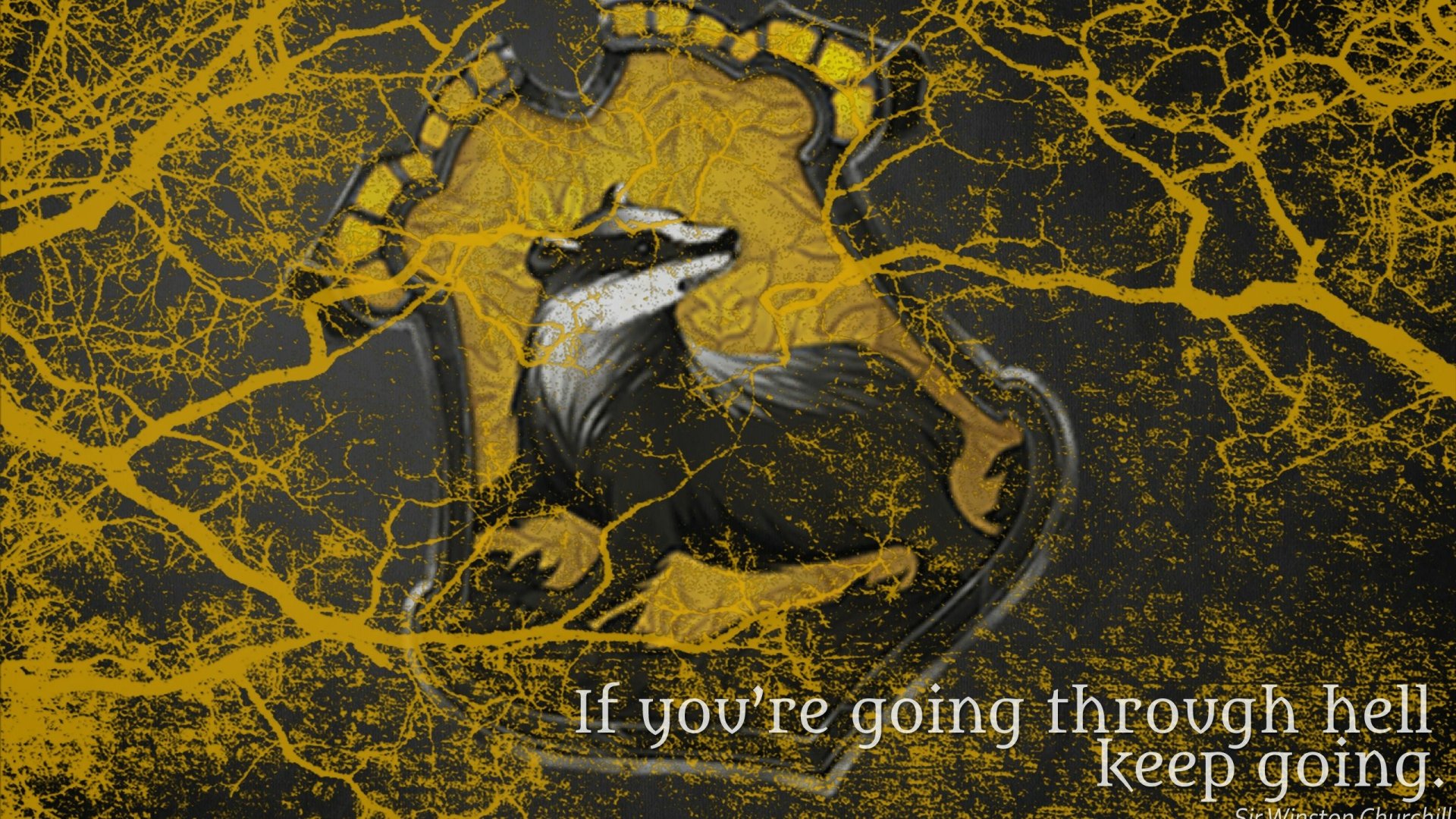HD desktop wallpaper featuring a stylized badger emblem in Hufflepuff colors with a Harry Potter-inspired quote and intricate golden tree branches on a dark background.