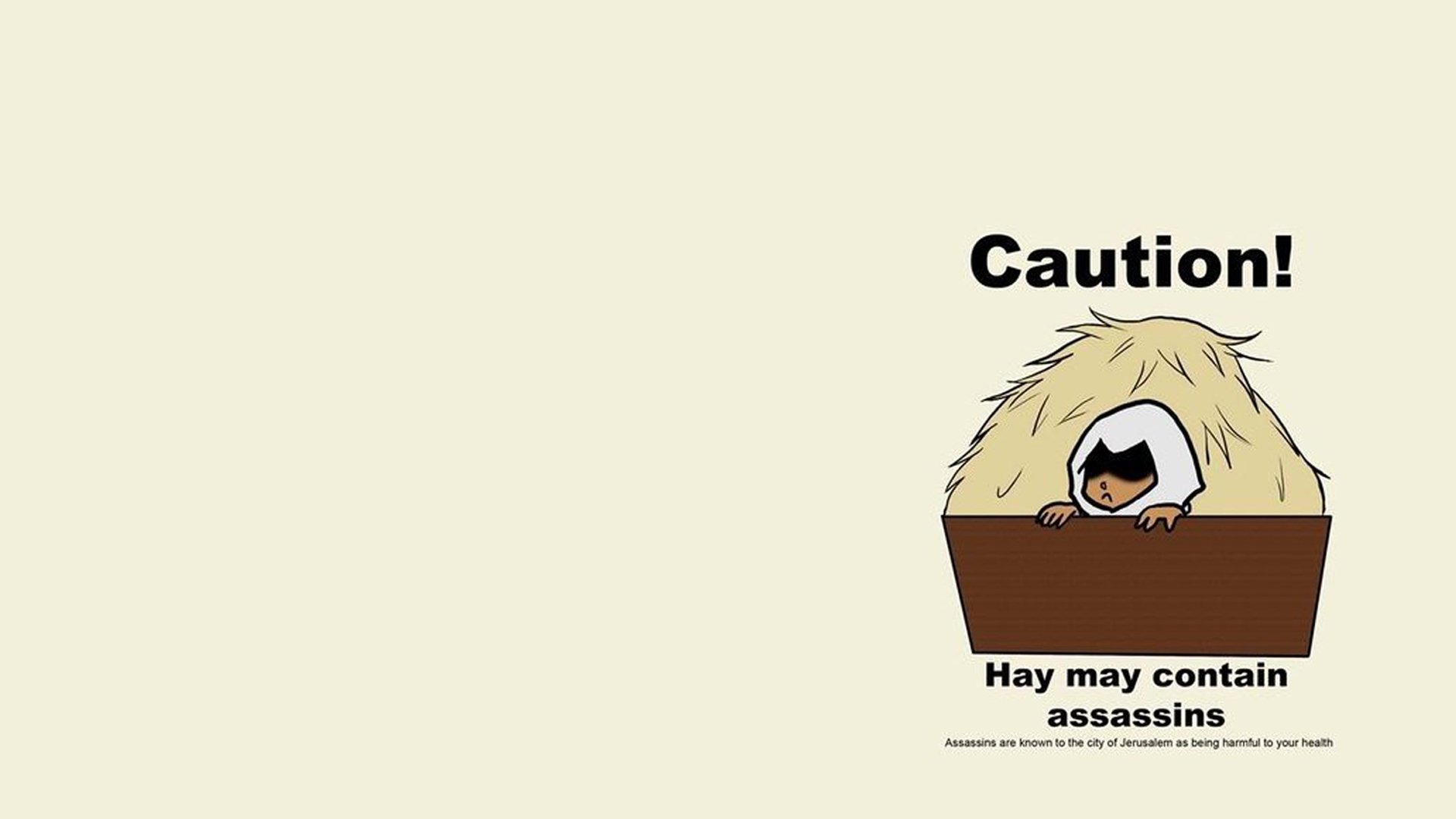 HD PC desktop wallpaper featuring a playful Assassin's Creed-themed cartoon with a hooded figure peeking out of a haystack and the caption Caution! Hay may contain assassins.