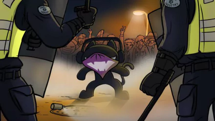 HD PC desktop wallpaper featuring Monstercat mascot facing two police officers, with a crowd cheering in the background, set in a dramatic music-themed scene.