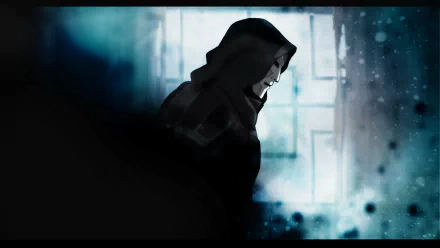 HD PC desktop wallpaper featuring a dark, moody anime-style scene from Avatar: The Legend of Korra with a mysterious hooded figure in a rainy urban setting.