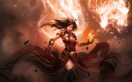 HD fantasy PC desktop wallpaper featuring a powerful woman wielding fiery magic, surrounded by swirling flames and intense energy.