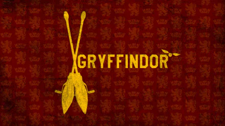 HD desktop wallpaper featuring the Gryffindor house from the Harry Potter movie series, showcasing crossed Quidditch brooms with the word Gryffindor prominently displayed on a red background.
