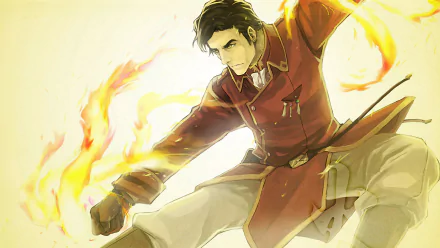 HD PC desktop wallpaper of Iroh (The Legend of Korra), anime-style: mid-leap firebending with sweeping golden flames and dramatic light — Avatar: The Legend of Korra background.