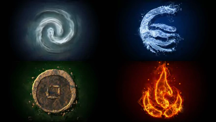 Four iconic elemental symbols from Avatar: The Last Airbender are featured in this vibrant 4K Ultra HD desktop wallpaper, showcasing water, earth, fire, and air elements.