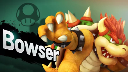 HD PC desktop wallpaper of Bowser from the video game Super Smash Bros. for Nintendo 3DS and Wii U, snarling with claws outstretched over a green background and stylized Bowser label.