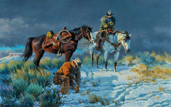 A snow-covered landscape features cowboys on horseback, emphasizing an artistic portrayal of the Wild West, with a focus on adventure and ruggedness. An atmospheric HD painting.