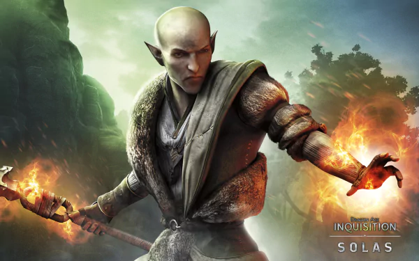 HD PC desktop wallpaper featuring Solas, a key character from the video game Dragon Age: Inquisition, wielding magic with fiery effects against a mystical landscape.