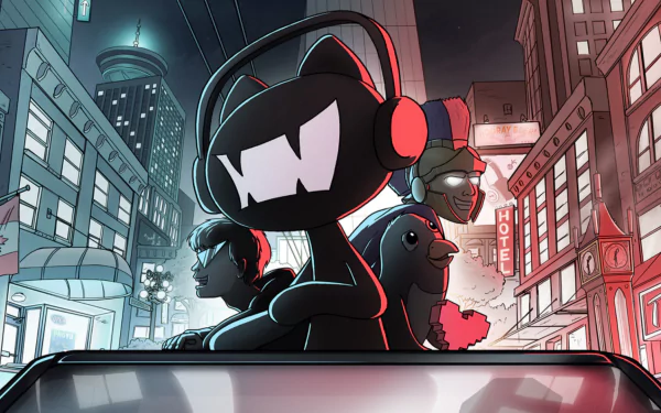 A vibrant HD PC wallpaper featuring Monstercat characters against a dynamic city backdrop, blending elements of music and urban life in a striking artistic style.