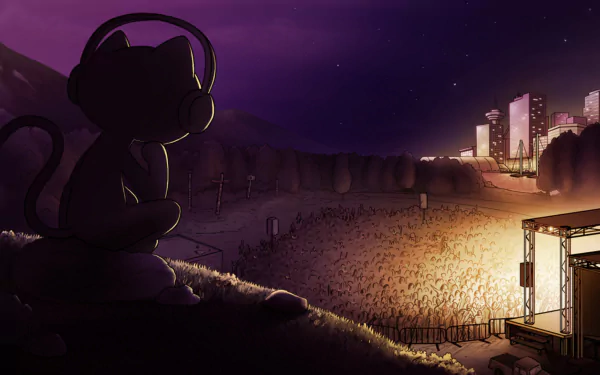 A digital artwork featuring a cat character wearing headphones, overlooking a vibrant music festival crowd at night, capturing the essence of the Monstercat music scene.