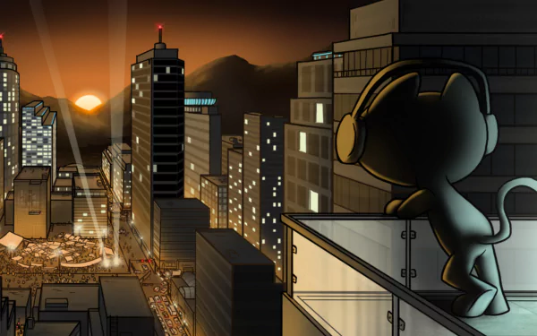 A vibrant HD wallpaper featuring Monstercat's iconic character overlooking a bustling city at sunset, capturing the energy of music amidst a stunning urban landscape.