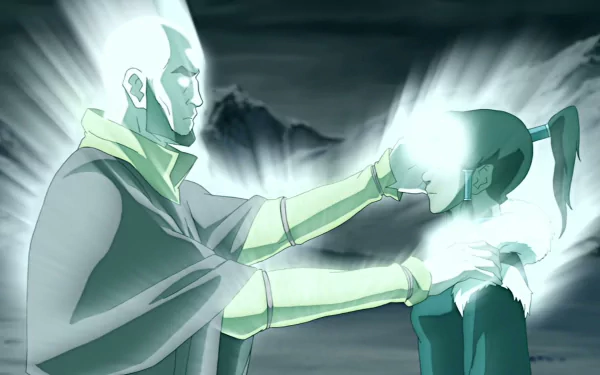 A striking HD desktop wallpaper featuring characters from Avatar: The Legend of Korra, showcasing a powerful moment between two key figures illuminated with an ethereal glow.