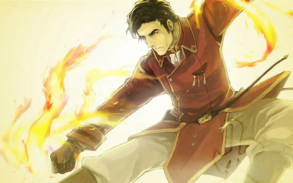 HD PC desktop wallpaper of Iroh (The Legend of Korra), anime-style: mid-leap firebending with sweeping golden flames and dramatic light — Avatar: The Legend of Korra background.