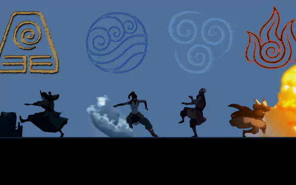 HD desktop wallpaper featuring Kyoshi, Roku, Korra, and Aang from Avatar: The Legend of Korra, with stylized elemental symbols representing earth, water, air, and fire.