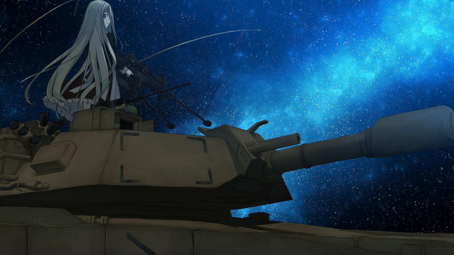 HD anime desktop wallpaper featuring a lone figure with long hair atop a military tank under a starry, vibrant blue night sky.