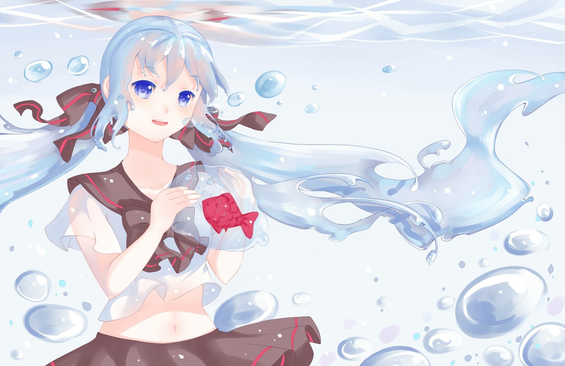 A serene HD wallpaper of Hatsune Miku, featuring her underwater with flowing blue hair and bubbles, embodying the vibrant spirit of anime and Vocaloid culture.