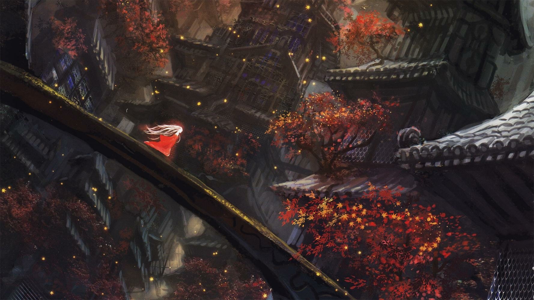 Anime original HD PC desktop wallpaper and background showing a lone figure in red on an arched bridge above lantern-lit autumn rooftops and crimson trees at dusk.