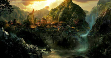 HD wallpaper of a fantasy oriental landscape featuring an ancient castle amidst rugged mountains, waterfalls, and a mystical sunset.