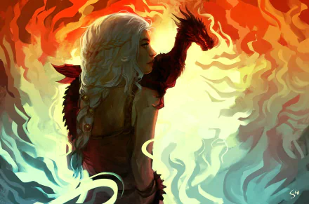 Digital artwork of Daenerys Targaryen from Game of Thrones, featuring her silhouette against a dramatic fiery background, with her dragon visible on her shoulder. HD PC desktop wallpaper.