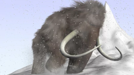 3D artistic cartoon mammoth in a snowy landscape, designed as a HD PC desktop wallpaper and background.