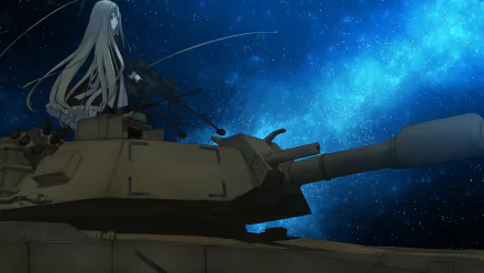 HD anime desktop wallpaper featuring a lone figure with long hair atop a military tank under a starry, vibrant blue night sky.