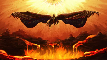 HD anime desktop wallpaper featuring Utsuho Reiuji from Touhou, depicted soaring with outstretched wings above fiery volcanic landscape under a blazing sun.
