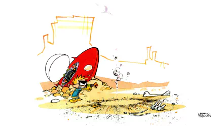Calvin stands triumphantly beside a red rocket in a barren landscape, embodying the adventurous spirit of Calvin & Hobbes in this vibrant HD desktop wallpaper.