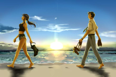 Revy and Rokuro from Black Lagoon walk along a beach at sunset, capturing a serene moment in this HD anime wallpaper. The vibrant colors enhance the tranquil atmosphere.