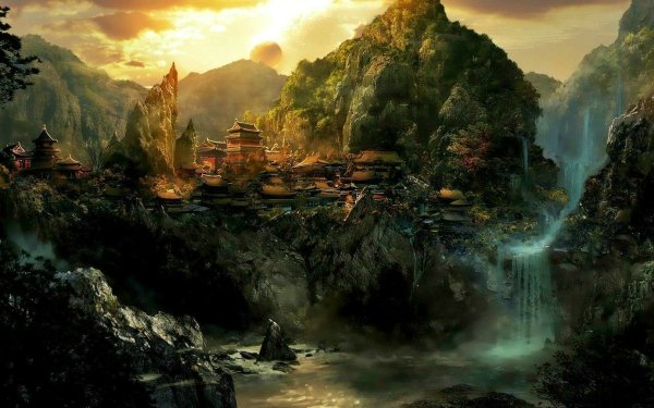 Fantasía Paisaje Oriental Asiática Ciudad Castillo Fondo de pantalla HD | Fondo de Escritorio