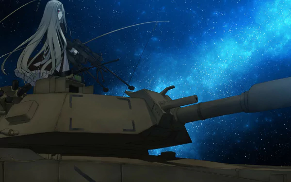 HD anime desktop wallpaper featuring a lone figure with long hair atop a military tank under a starry, vibrant blue night sky.