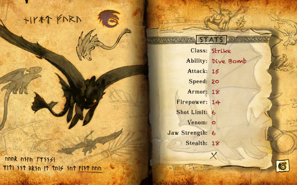 HD PC desktop wallpaper and background: a Book of Dragons movie spread—left page sketch of a flying dragon with runes, right page showing dragon stats and class 'Striker'.