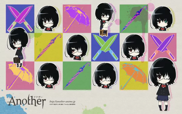 HD anime desktop wallpaper featuring multiple chibi-style characters and colorful umbrellas, inspired by the anime Another.