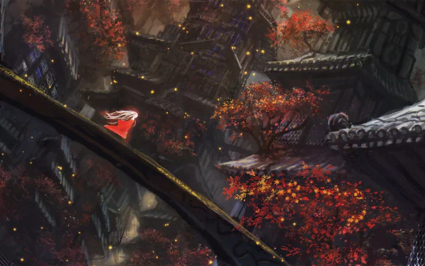 Anime original HD PC desktop wallpaper and background showing a lone figure in red on an arched bridge above lantern-lit autumn rooftops and crimson trees at dusk.