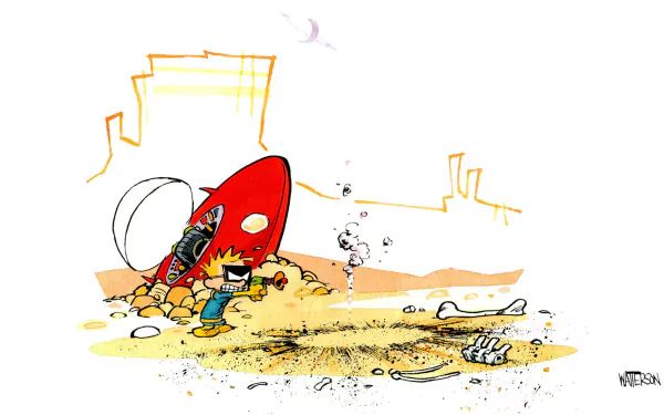 Calvin stands triumphantly beside a red rocket in a barren landscape, embodying the adventurous spirit of Calvin & Hobbes in this vibrant HD desktop wallpaper.