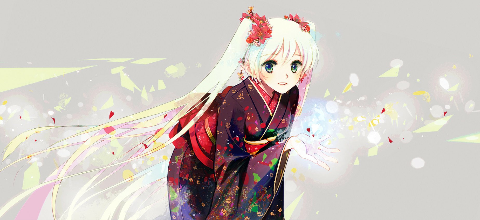 A vibrant HD desktop wallpaper featuring Hatsune Miku, the iconic Vocaloid character, adorned in a colorful kimono, surrounded by petals and sparkling elements.