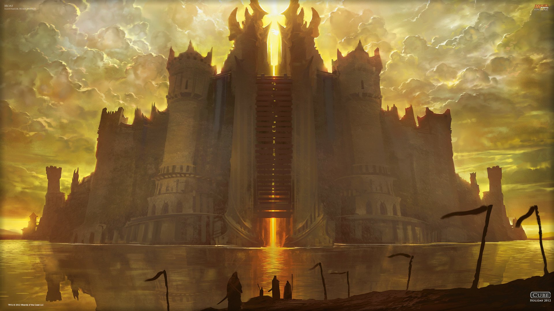 HD PC desktop wallpaper featuring a dramatic, man-made fortress from Magic: The Gathering, illuminated by glowing light beneath a cloudy sky.