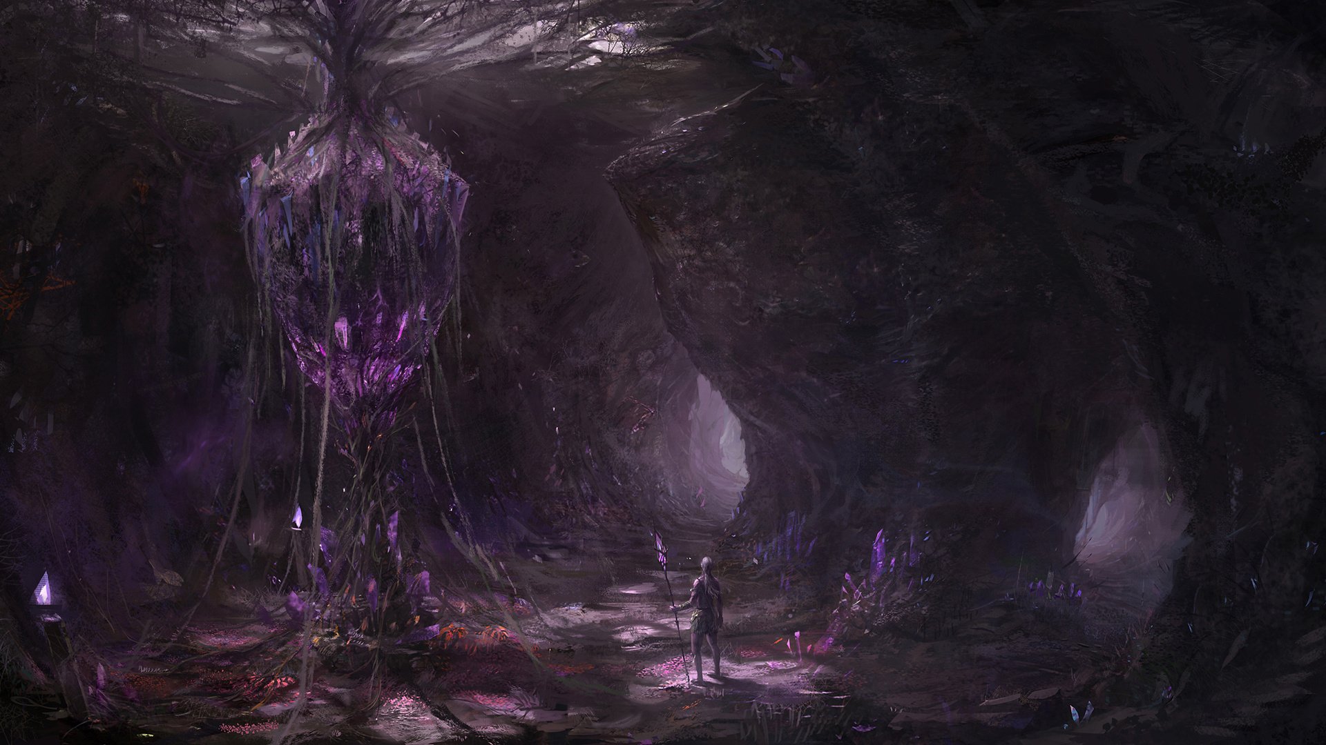 Dark cavern scene from Black Gold Online featuring glowing purple crystals and a lone figure, rendered in HD for a PC desktop wallpaper and background.