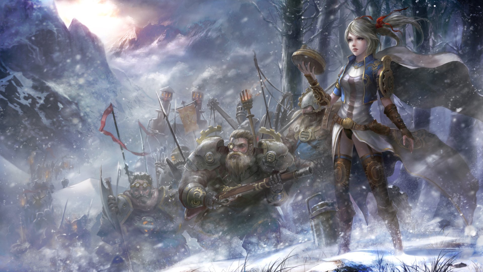 HD PC desktop wallpaper from the video game Black Gold Online, featuring a heroic female warrior leading a group through a snowy, mountainous battlefield.